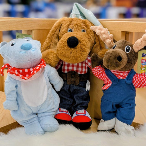 Plush Hungry Bear, Blueberry Hound, and Chocolate Moose